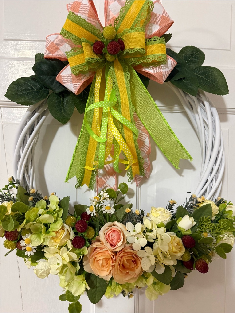 Peach & Green Spring Floral Wreath with Ribbon Bow